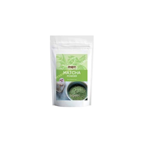 Poudre de matcha – 100 g – Dragon Superfoods Sachet de poudre de matcha Dragon Superfoods 100 g avec couleur verte intense et texture fine