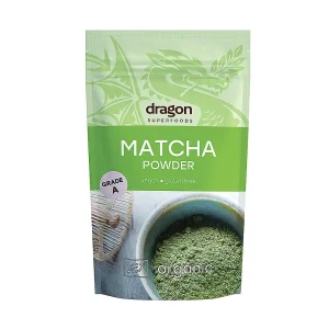 Sachet de poudre de matcha Dragon Superfoods 100 g avec couleur verte intense et texture fine