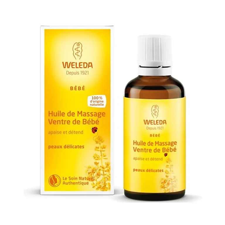 huile-de-massage-ventre-de-bebe-bio-50ml-weleda Flacon d’huile de massage ventre de bébé bio Weleda 50 ml avec étiquette blanche et orange