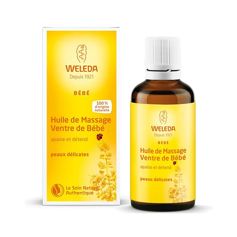 huile-de-massage-ventre-de-bebe-bio-50ml-weleda Flacon d’huile de massage ventre de bébé bio Weleda 50 ml avec étiquette blanche et orange