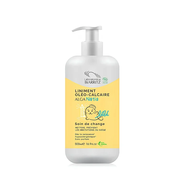 Flacon blanc avec pompe du Liniment Oléo-calcaire 200 ml Laboratoires de Biarritz