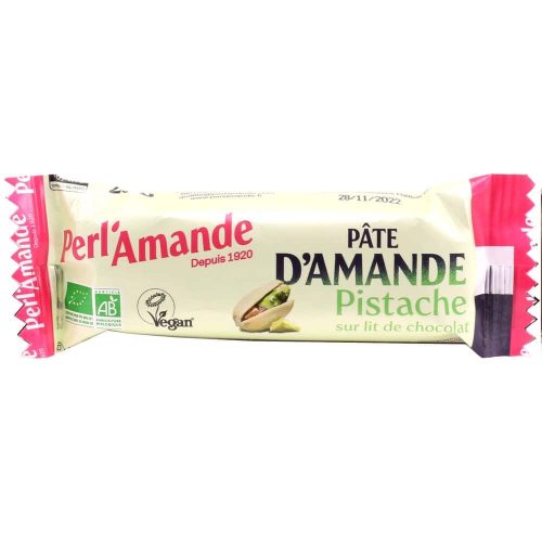 Barre de Pâte d'Amande Pistache Chocolat 25g Perl'Amande Aliment Bio Maroc