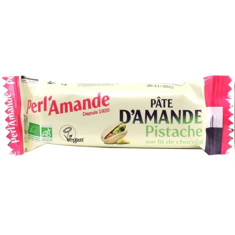 Barre de Pâte d'Amande Pistache Chocolat 25g Perl'Amande Aliment Bio Maroc