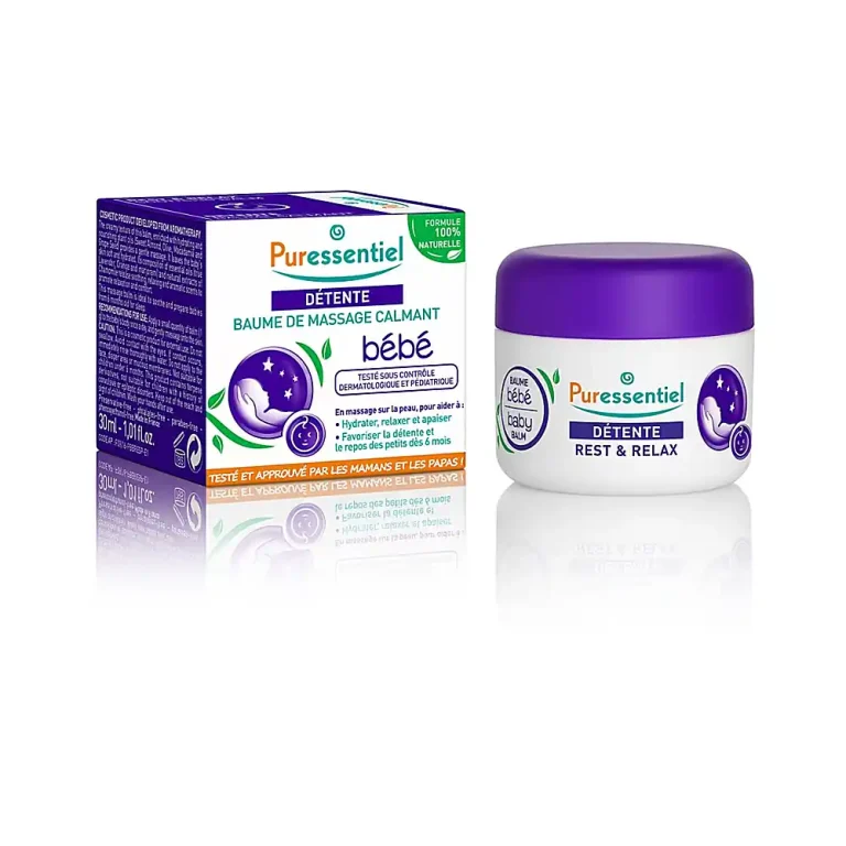 baume-de-massage-calmant–30ml–puressentiel Pot de baume de massage calmant Puressentiel 30 ml avec étiquette verte et couvercle blanc