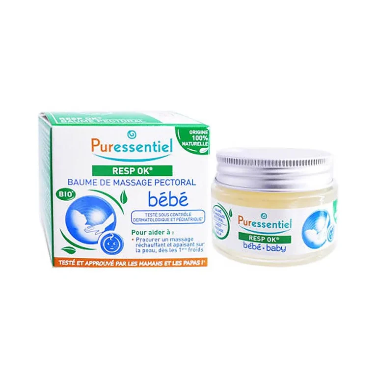 Pot de baume de massage pectoral bébé 30 ml Puressentiel avec couvercle blanc et étiquette illustrée
