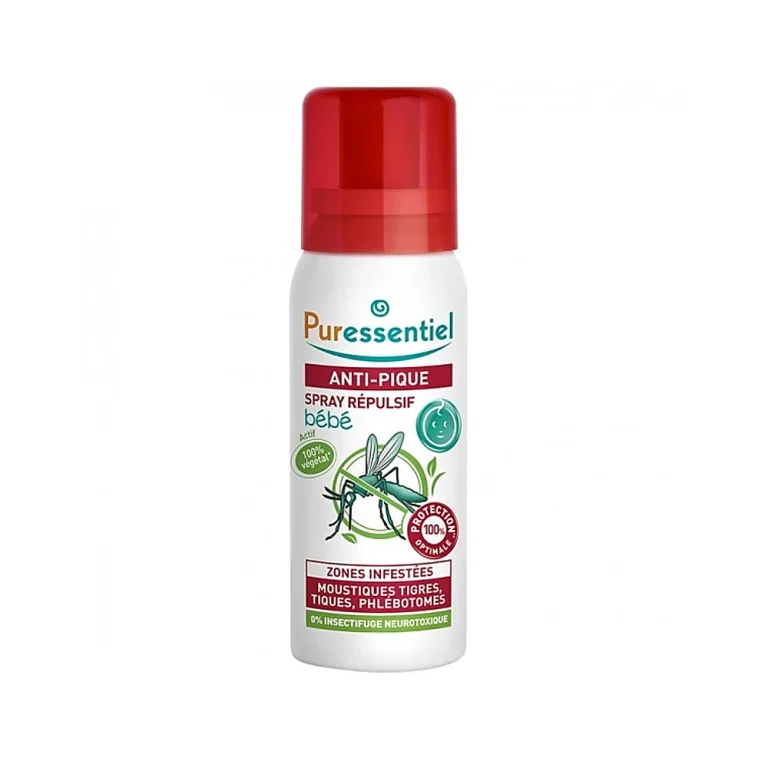 Flacon spray Puressentiel Anti-Pique Bébé 60 ml avec étiquette illustrée et bouchon transparent