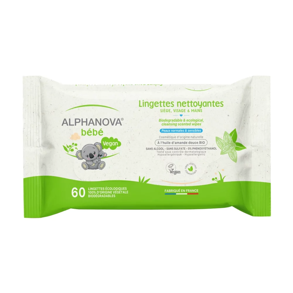 Lingettes bébé parfumées à l''huile d'olive & aloe 60u Alphanova Maroc