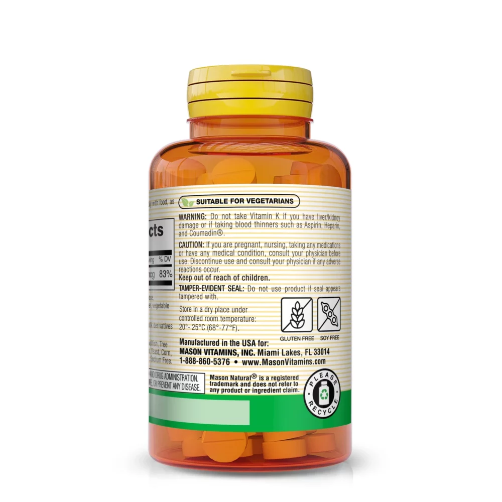 Vitamine K - 100 mcg - 100 comprimés - côté - Mason Natural-Maroc