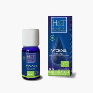 Patchouli Bio 10ml de la marque Herbes et Traditions, huile aromathérapie Maroc.