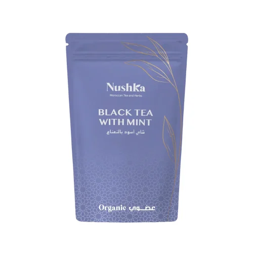 Black Tea With Mint 30 g Nushka infusion en feuilles Packshot Black Tea With Mint 30 g de Nushka feuilles sèches en sachet