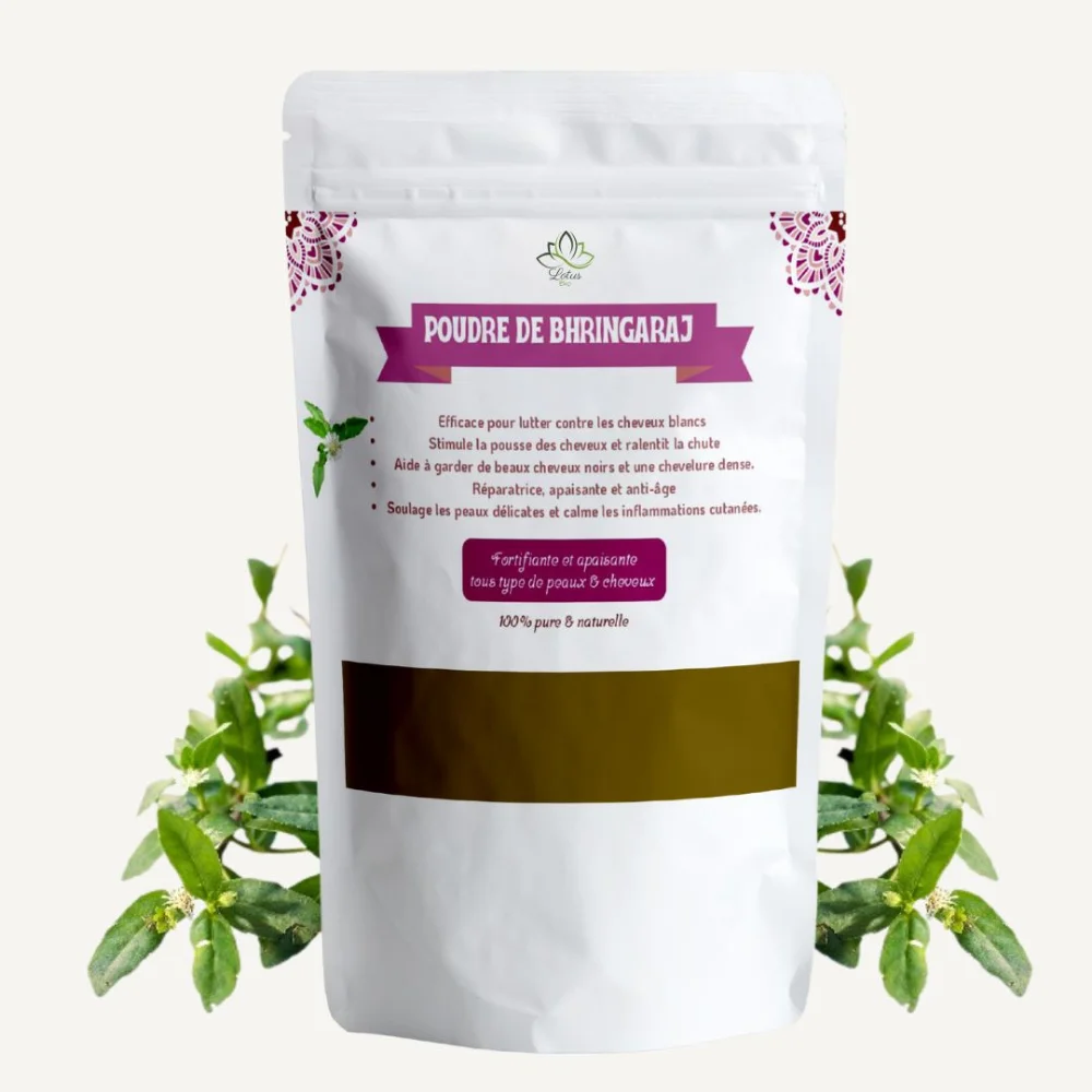 Packshot poudre de bhringaraj Lotus Bio 100 g pour soins capillaires
