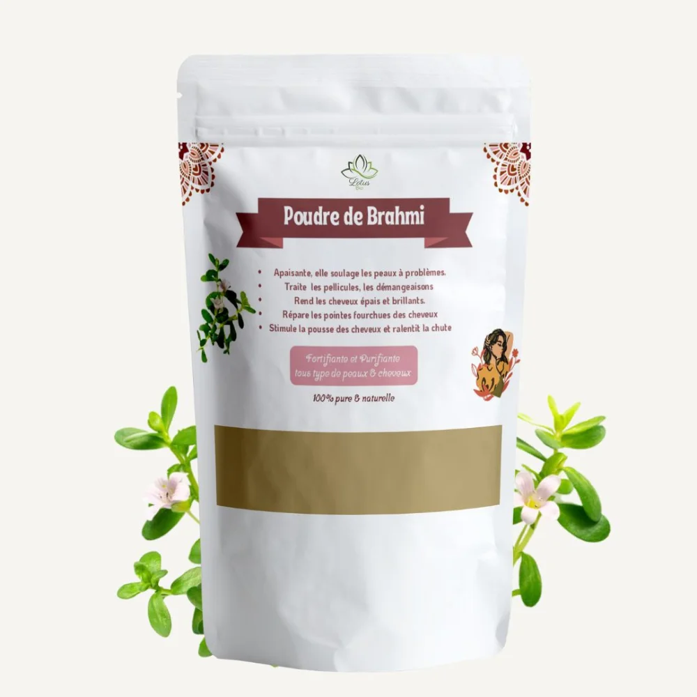 Poudre de brahmi 100 g Lotus Bio Visuel du sachet de poudre de brahmi Lotus Bio de 100 g