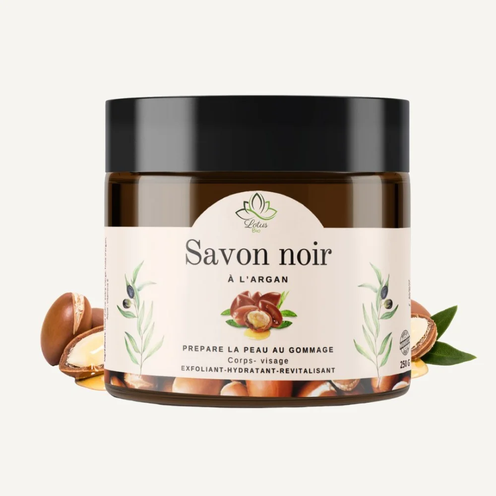 Pot de savon noir à l'huile d'argan Lotus Bio 250 g pour le hammam