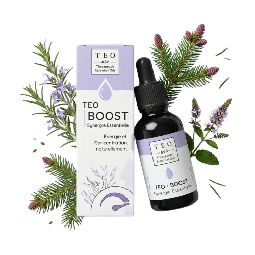 Flacon 10 ml TEO-BOOST en verre avec compte-gouttes et étiquette