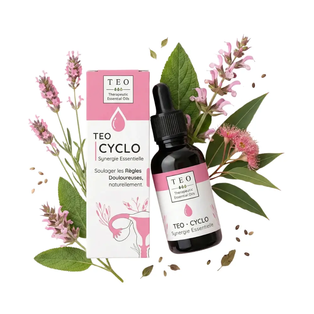 Synergie d’huiles essentielles TEO-CYCLO – 10 ml – Teo Flacon 10 ml TEO-CYCLO en verre avec étiquette et bouchon compte-gouttes