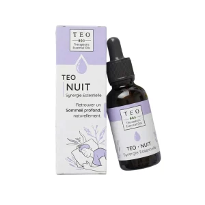 Synergie d’huiles essentielles TEO-NUIT – 10 ml – Teo Flacon TEO-NUIT 10 ml en verre avec bouchon compte-gouttes et étiquette