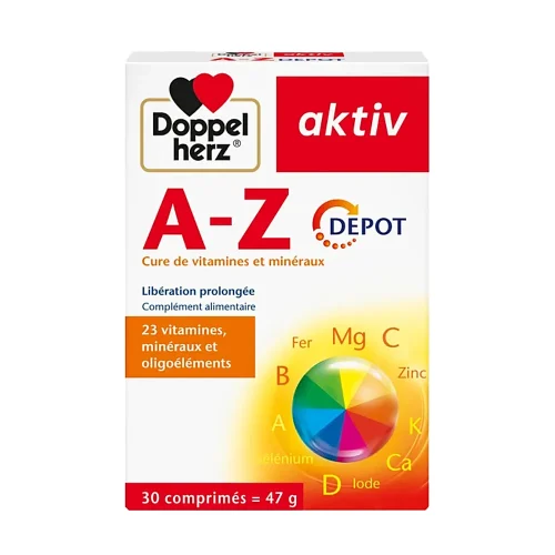 Boîte d’Aktiv A-Z Depot 30 comprimés Doppelherz sur fond blanc