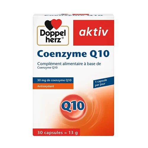 Flacon d’Aktiv Coenzyme Q10 30 capsules Doppelherz sur fond blanc