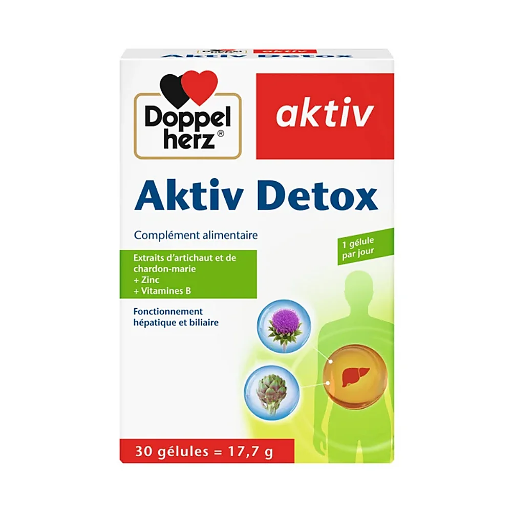 Flacon d’Aktiv Detox 30 capsules Doppelherz sur fond blanc