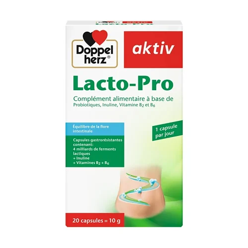 Flacon d’Aktiv Lacto-Pro 20 capsules Doppelherz sur fond blanc