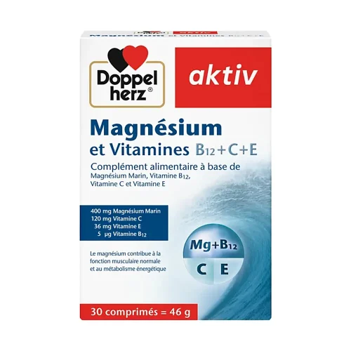 Boîte d’Aktiv Magnésium Vitamine B12+C+E 30 comprimés Doppelherz