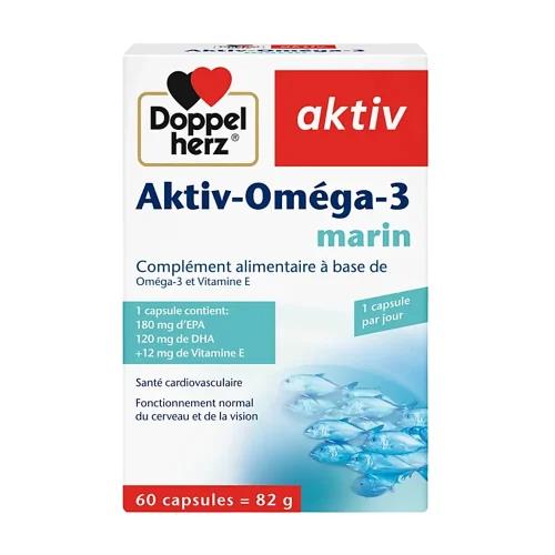 Flacon d’Aktiv Omega-3 Marin 60 capsules Doppelherz sur fond blanc