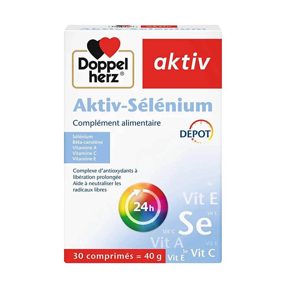 Aktiv Selenium 30 comprimés Doppelherz Boîte d’Aktiv Selenium 30 comprimés Doppelherz sur fond blanc