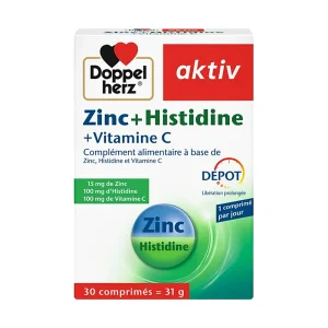 Aktiv Zinc Histidine 30 comprimés Doppelherz Boîte d’Aktiv Zinc Histidine 30 comprimés Doppelherz sur fond blanc