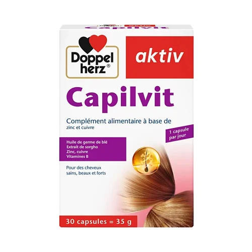 Flacon de Capilvit 30 capsules Doppelherz sur fond blanc