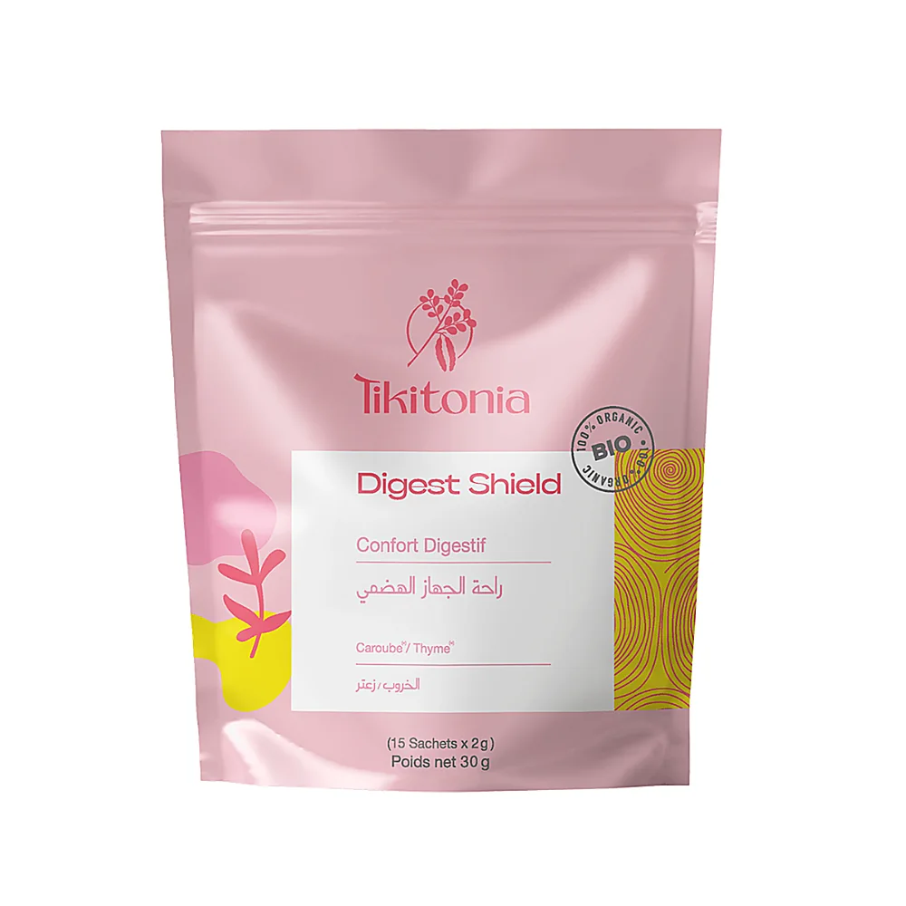 Boîte de sachets à infuser Confort digestif avec étiquette Tikitonia
