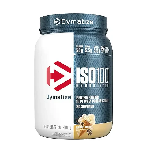 Whey Isolate Gourmet Vanille Dymatize – 610 g Pot de Whey Isolate Gourmet vanille Dymatize de 610 g présenté de face