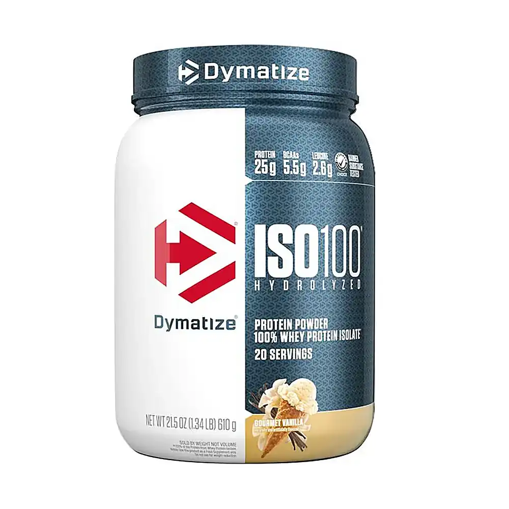 Pot de Whey Isolate Gourmet vanille Dymatize de 610 g présenté de face