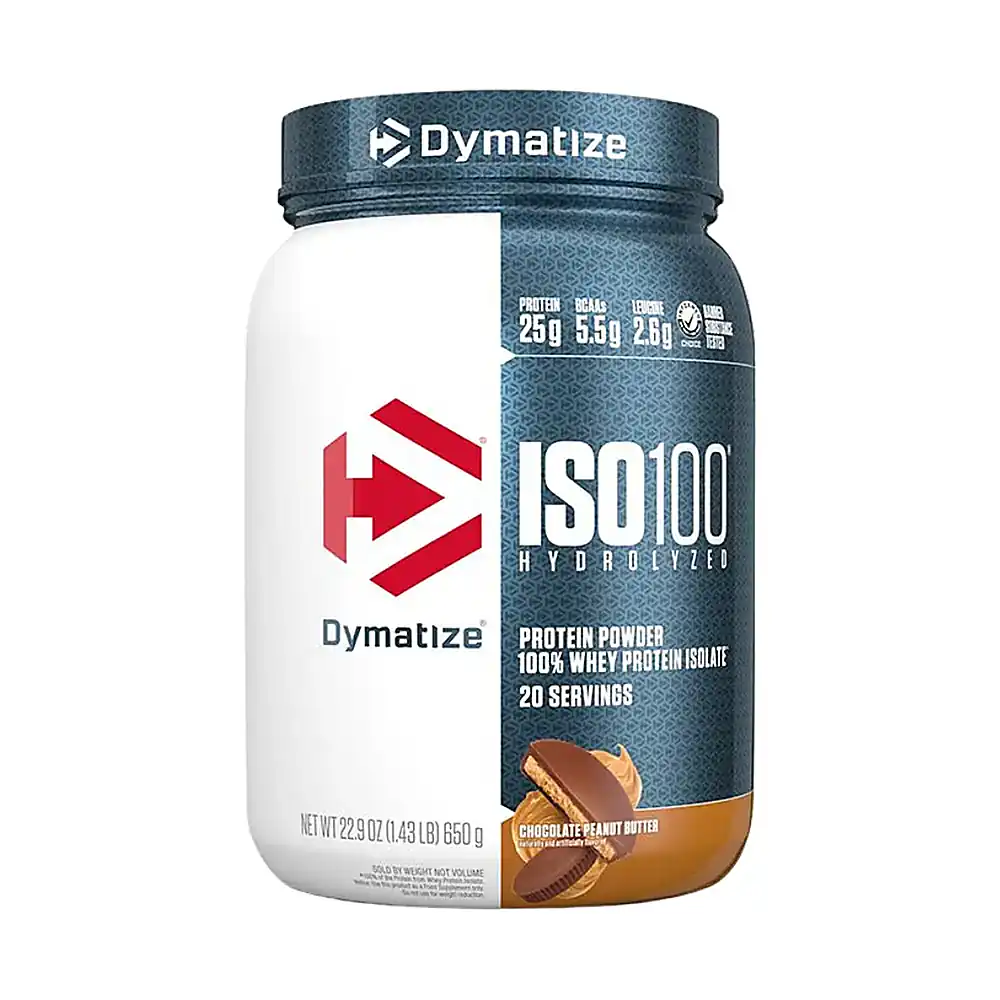 Pot de Whey Isolate chocolat beurre de cacahuète Dymatize de 650 g présenté de face