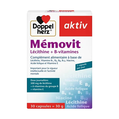 Flacon de Memovit 30 capsules Doppelherz sur fond blanc