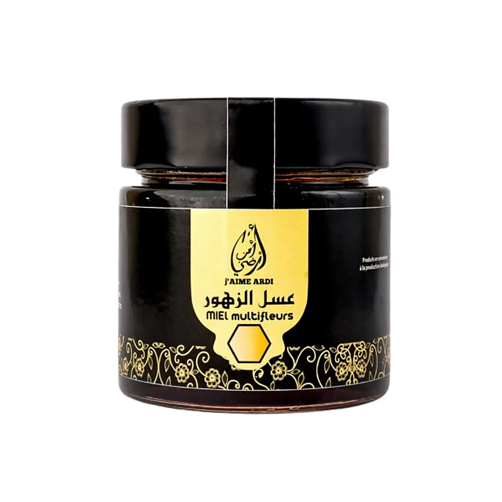 Miel multifleurs 250g J’aime Ardi Pot de miel multifleurs 250g avec étiquette J’aime Ardi posé sur fond blanc