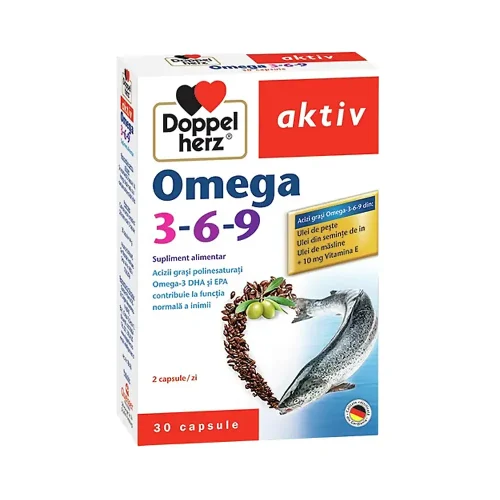 Flacon d’Omega 3-6-9 30 capsules Doppelherz sur fond blanc