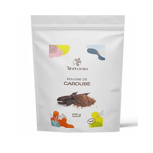 Sachet de poudre de caroube Tikitonia 200 g avec étiquette marron