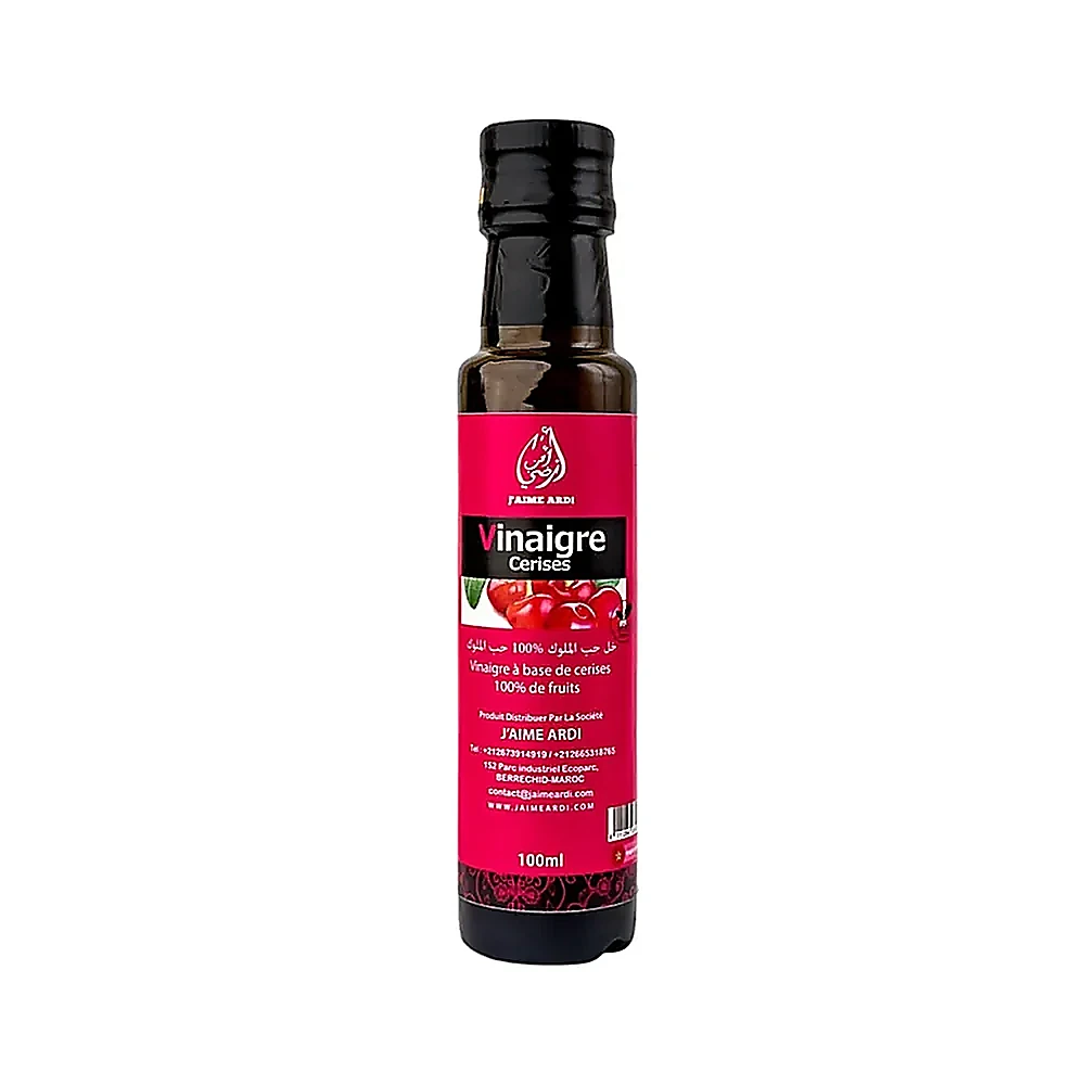 Bouteille de vinaigre aux cerises 100ml J'aime Ardi sur fond blanc