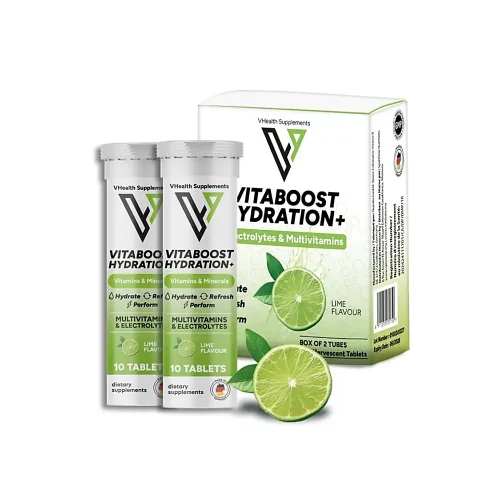 Flacon de comprimés effervescents citron vert avec étiquette Vhealth