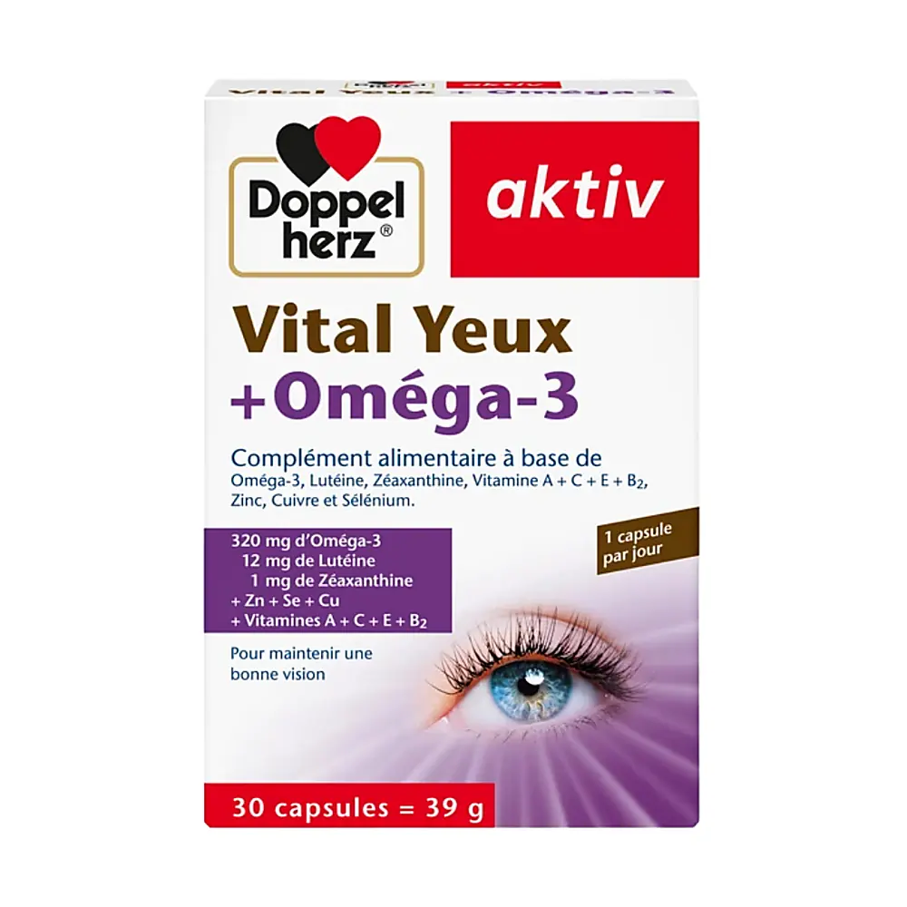 Vital Yeux Omega-3 30 capsules Doppelherz Flacon de Vital Yeux Omega-3 30 capsules Doppelherz sur fond blanc