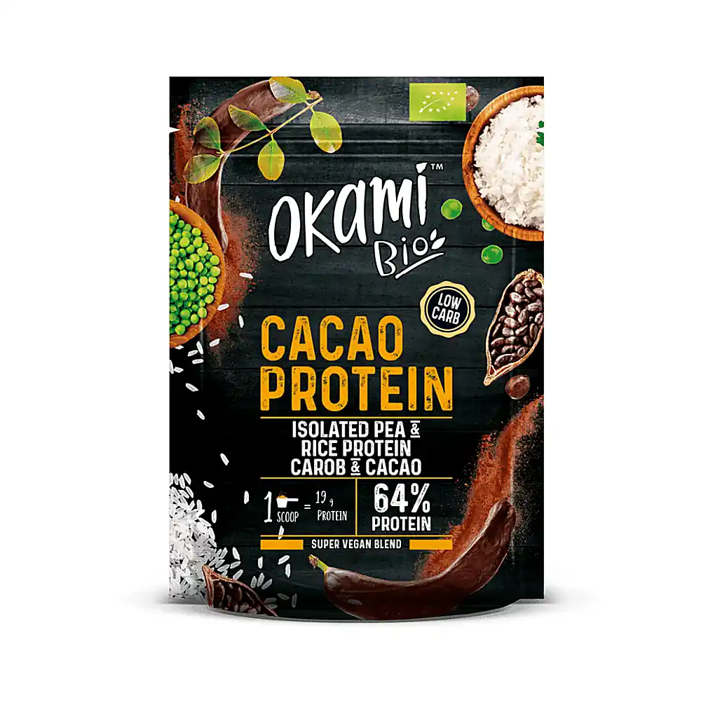 Sachet de Proteine de Cacao Okami de 500 g, préparation en poudre au cacao