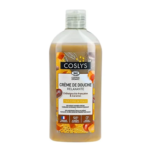 Crème Douche Relaxante Châtaigne Caramel – 250 ml – Coslys Flacon de Crème Douche Relaxante Coslys Châtaigne Caramel avec pompe 250 ml