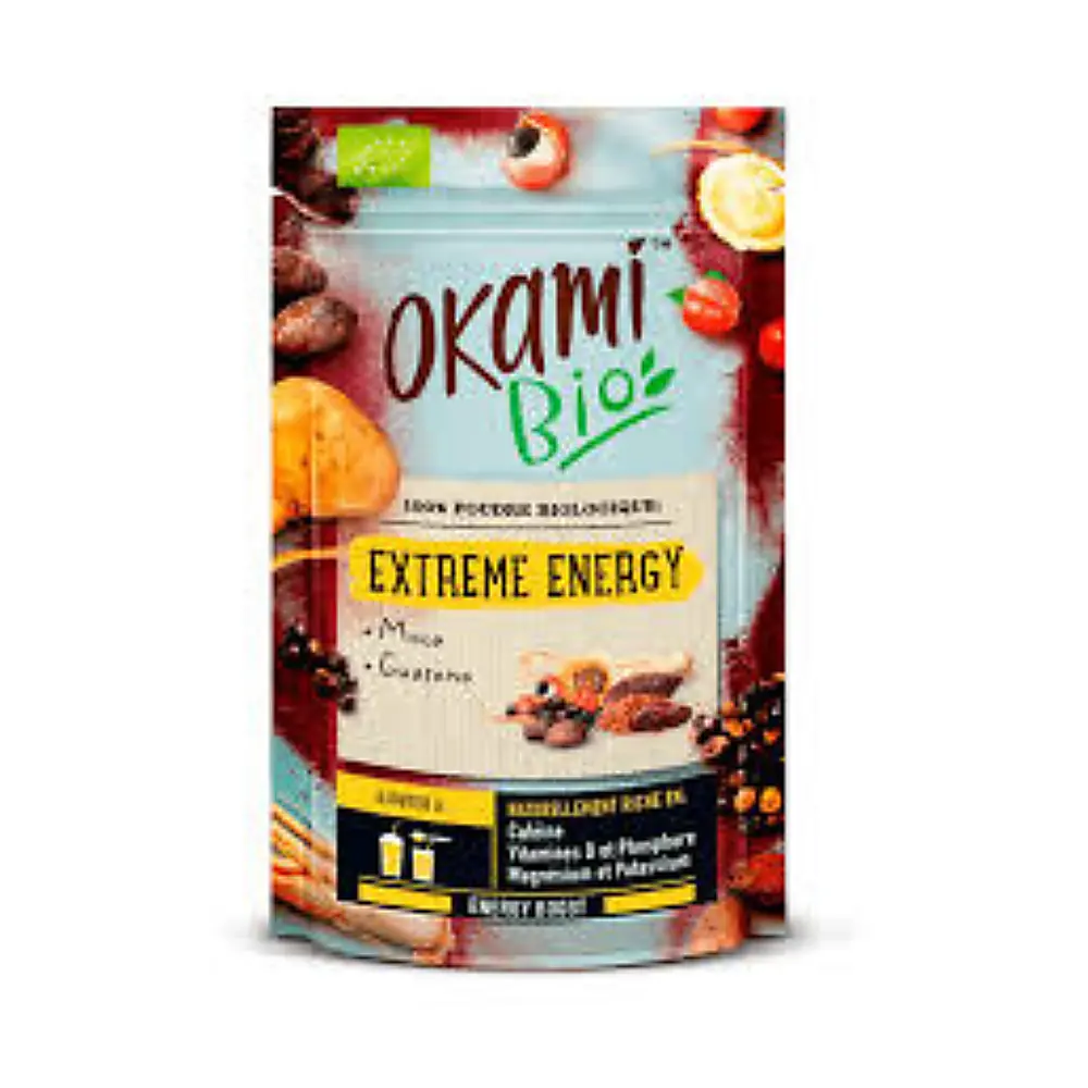 Sachet de poudre Energie Extreme Okami de 200 g, vue de face sur fond neutre