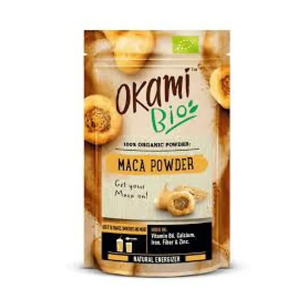 Sachet de poudre de Maca Okami, 200 g, présentation du produit sur fond blanc