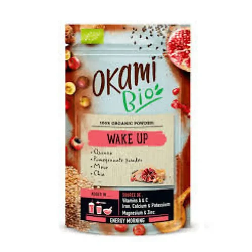 Packshot du sachet Wake Up Okami de 200 g, contenant une préparation en poudre naturelle