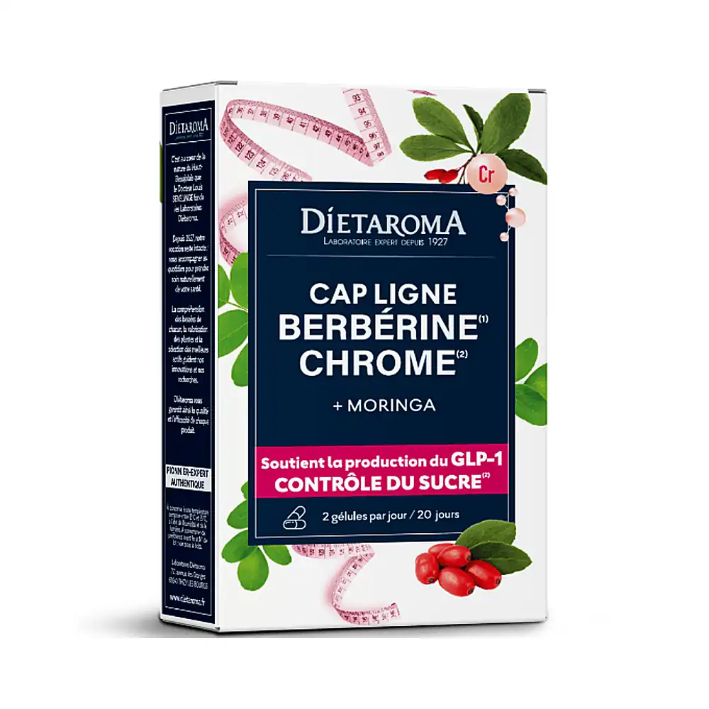 Flacon Dietaroma Cap ligne berbérine chrome – 40 gélules, packaging blanc et vert