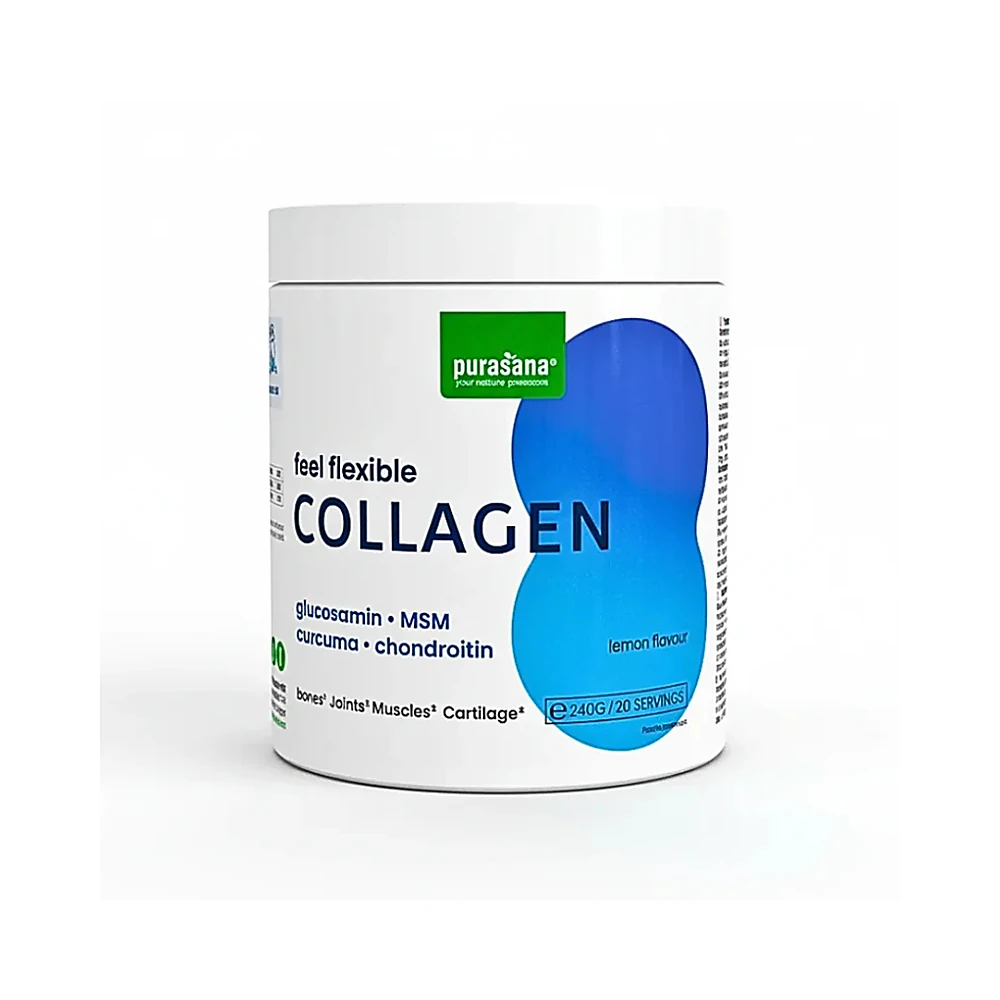 Collagène souplesse et flexibilité 240 g – Purasana Pot de Collagène souplesse et flexibilité Purasana contenant 240 g avec étiquette blanche et détails sobres